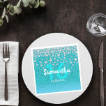 16th birthday diamonds glitter on teal blue green napkins<br><div class="desc">An elegant and glamorous sweet 16th birthday party napkin. Teal, blue green gradient colored faux glitter with faux diamond sprinkle. Templates for a name, age 16 and a date. Date of birth or the date of the party/anniversary. White and teal colored letters. The name is written with a hand-lettered style...</div>