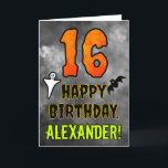16th Birthday: Eerie Halloween Theme   Custom Name Card<br><div class="desc">The front of this scary and spooky Hallowe’en themed birthday greeting card design features a large number “16”. It also features the message “HAPPY BIRTHDAY, ”, plus a personalized name. There are also depictions of a ghost and a bat on the front. The inside features a personalized birthday greeting message,...</div>