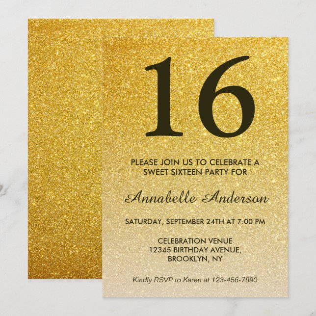 16th Birthday Elegant Black Gold Glitter Ombre Invitation (Front/Back)