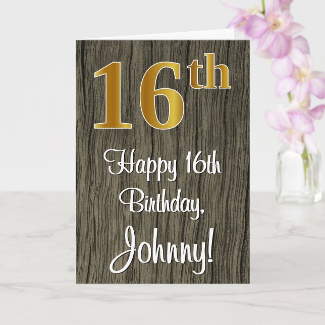 16th Birthday: Elegant Faux Gold Look #, Faux Wood Card (Orchid)