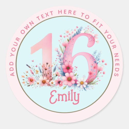 16th Birthday Fairy Floral Pink Princess Fairytale Classic Round Sticker