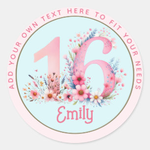 16th Birthday Fairy Floral Pink Princess Fairytale Classic Round Sticker
