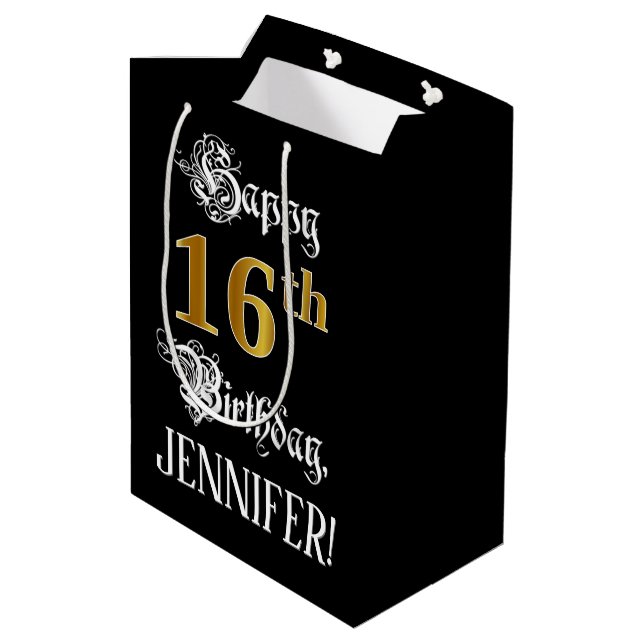 16th Birthday ~ Fancy Script; Faux Gold Look; Name Medium Gift Bag (Back Angled)