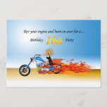 16th birthday Flaming motorcycle party invitation<br><div class="desc">Revving up and burning over! A  burning motorbike with flames waving behind,  a beautiful blond riding fast with your party invitation! See the whole range of cards for ages and relationships in my store. All artwork copyright Norma Cornes</div>