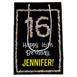 [ Thumbnail: 16th Birthday: Floral Flowers Number, Custom Name Gift Bag ]