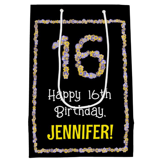 16th Birthday: Floral Flowers Number, Custom Name Medium Gift Bag (Back)