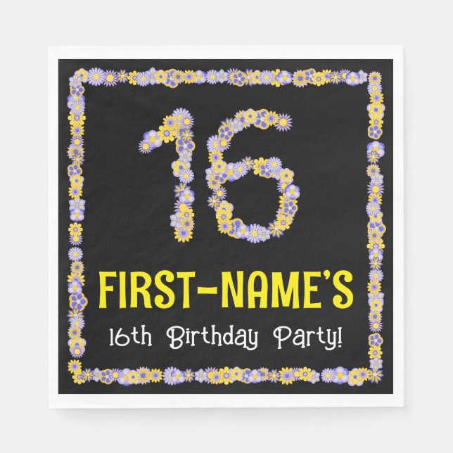 16th Birthday: Floral Flowers Number, Custom Name Napkins (Front)