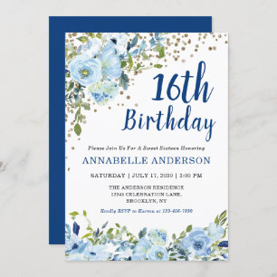16th Birthday Floral Navy Blue Gold Confetti Girly Invitation