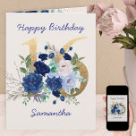 16th Birthday Floral Number 16 Personalized Card<br><div class="desc">Personalized 16th Birthday Card with floral number 16. The design has a gold number 16 decorated with royal blue and ivory roses,  foliage and eucalyptus leaves. The template is set up for you to personalize the front and the message inside.</div>