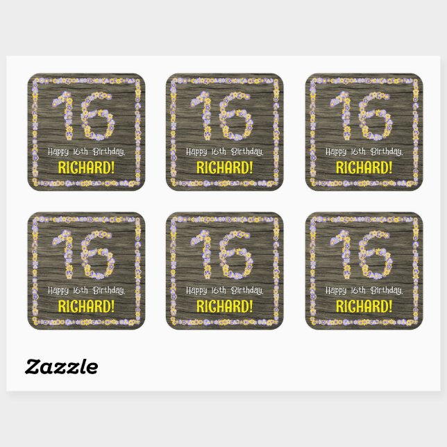 16th Birthday: Floral Number, Faux Wood Look, Name Square Sticker (Sheet)