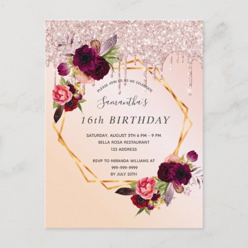 16th Birthday florals rose gold glitter invitation Postcard