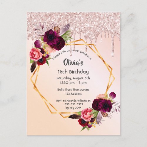 16th birthday florals rose gold glitter invitation postcard