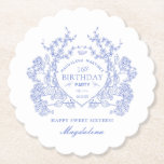16th Birthday French Blue Floral Crest Custom Paper Coaster<br><div class="desc">An elegant French vintage blue floral crest takes center stage on this timeless custom paper coaster. Ornate,  formal and very feminine will make any birthday lady feel very special. Coordinating party supplies are available.</div>