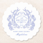 16th Birthday French Blue Floral Crest Custom Paper Coaster<br><div class="desc">An elegant French vintage blue floral crest takes center stage on this timeless custom paper coaster. Ornate,  formal and very feminine will make any birthday lady feel very special. Coordinating party supplies are available.</div>