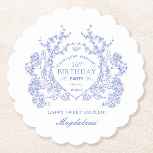 16th Birthday French Blue Floral Crest Custom Paper Coaster