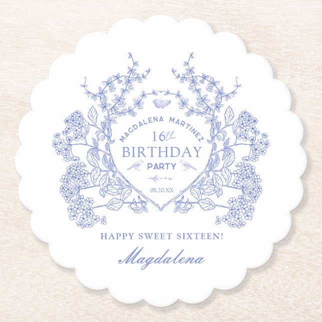 16th Birthday French Blue Floral Crest Custom Paper Coaster (Front)