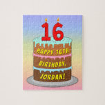 [ Thumbnail: 16th Birthday: Fun Cake and Candles + Custom Name Jigsaw Puzzle ]