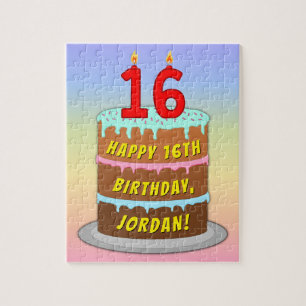 16th Birthday: Fun Cake and Candles + Custom Name Jigsaw Puzzle