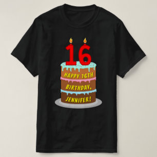 16th Birthday — Fun Cake & Candles, w/ Custom Name T-Shirt