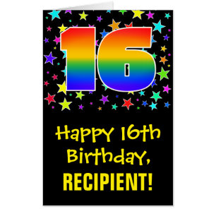 16th Birthday: Fun, Colorful Stars + Rainbow # 16 Card