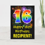[ Thumbnail: 16th Birthday: Fun Fireworks Pattern + Rainbow 16 Card ]