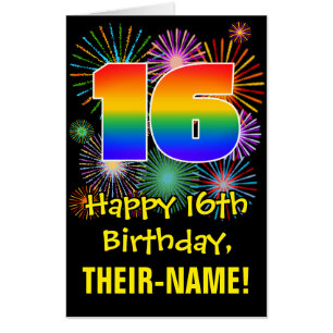 16th Birthday: Fun Fireworks Pattern & Rainbow 16 Card