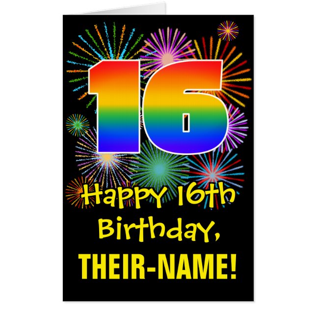 16th Birthday: Fun Fireworks Pattern & Rainbow 16 Card (Front)