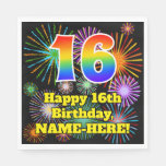[ Thumbnail: 16th Birthday: Fun Fireworks Pattern + Rainbow 16 Napkins ]