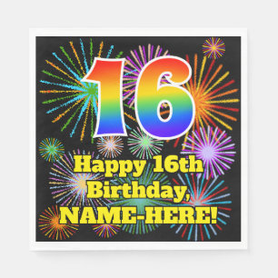 16th Birthday: Fun Fireworks Pattern + Rainbow 16 Napkins