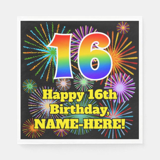 16th Birthday: Fun Fireworks Pattern + Rainbow 16 Napkins (Front)