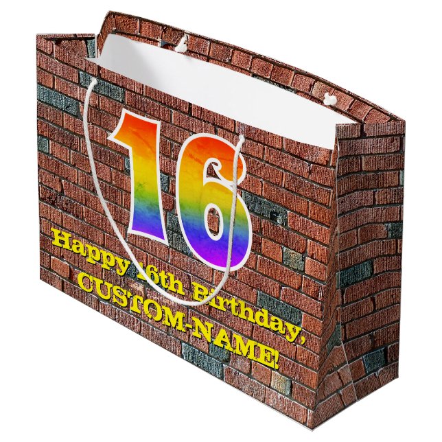 16th Birthday: Fun, Graffiti-Inspired Rainbow # 16 Large Gift Bag (Back Angled)