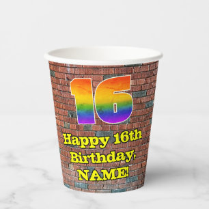 16th Birthday: Fun Graffiti-Inspired Rainbow 16 Paper Cups
