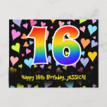 [ Thumbnail: 16th Birthday: Fun Hearts Pattern, Rainbow 16 Postcard ]