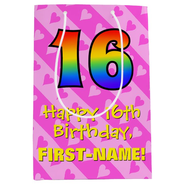16th Birthday: Fun Pink Hearts Stripes; Rainbow 16 Medium Gift Bag (Front)
