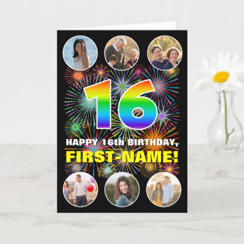 16th Birthday Fun Rainbow  Custom Name  Photos Card