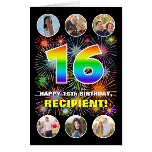 16th Birthday: Fun Rainbow #, Custom Name + Photos Card