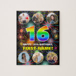 [ Thumbnail: 16th Birthday: Fun Rainbow #, Custom Name + Photos Jigsaw Puzzle ]