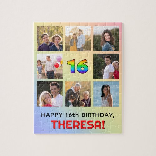 16th Birthday Fun Rainbow  Custom Name  Photos Jigsaw Puzzle