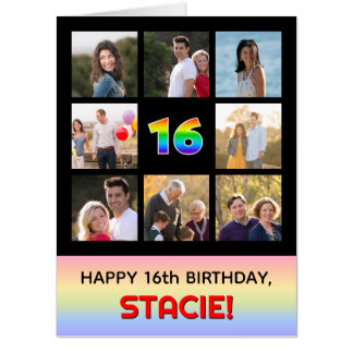 16th Birthday: Fun Rainbow #, Custom Photos & Name Card