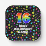 [ Thumbnail: 16th Birthday: Fun Stars Pattern and Rainbow “16” Paper Plates ]