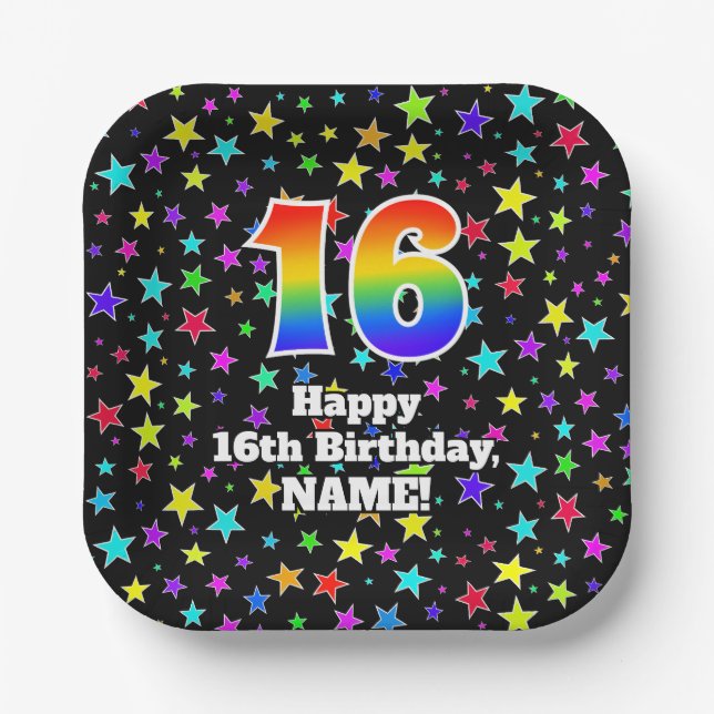 16th Birthday: Fun Stars Pattern and Rainbow “16” Paper Plates (Front)