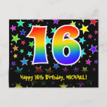 [ Thumbnail: 16th Birthday: Fun Stars Pattern, Rainbow 16, Name Postcard ]