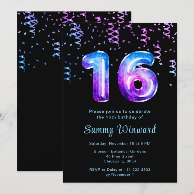 16th Birthday Galaxy Balloons with Confetti Invitation (Front/Back)