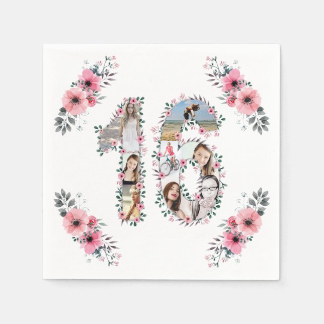 16th Birthday Girl Flower Photo Collage White Napkins (Front)