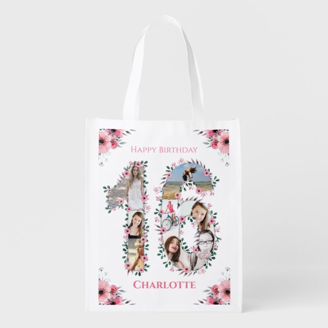16th Birthday Girl Photo Collage Pink Flower White Grocery Bag (Front)