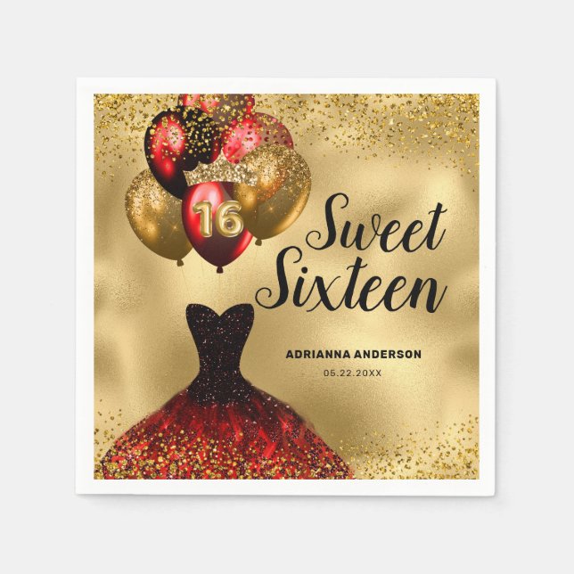 16th Birthday Glam Gold Red Glitter Sweet 16 Napkins (Front)