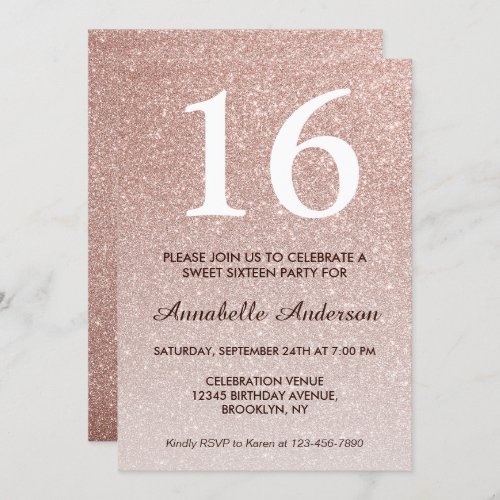 16th Birthday Glam Pink Rose Gold Glitter Ombre Invitation