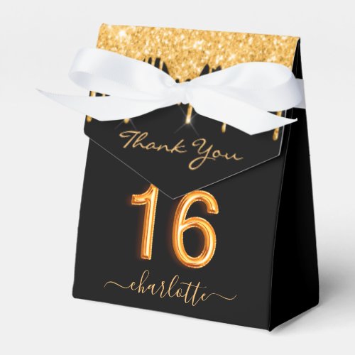 16th birthday glitter drips black gold thank you favor boxes