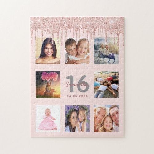 16th birthday glitter drips photo rose gold pink jigsaw puzzle