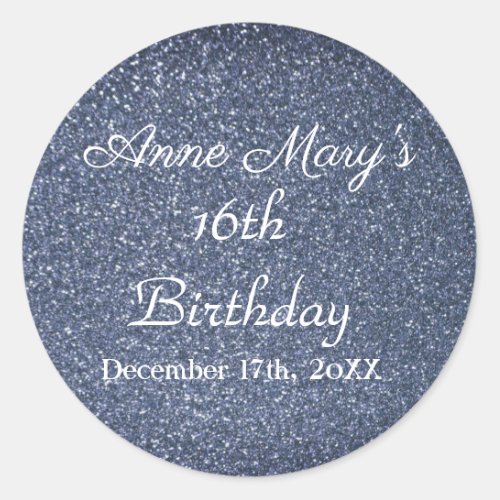 16th Birthday Glittery Sparkle Custom Dusty Blue Classic Round Sticker